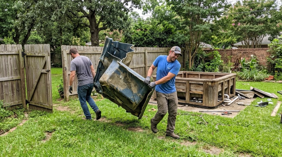 Hauling out an old hot tub in sections